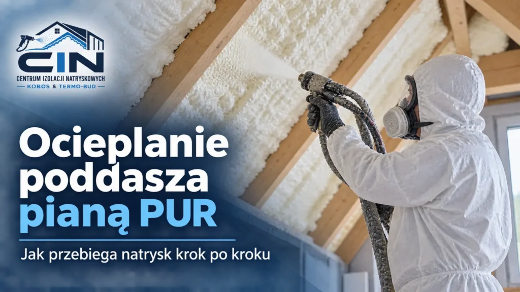 Ocieplanie poddasza pianą PUR - natrysk izolacji przez wykonawcę w kombinezonie ochronnym